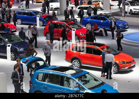 Visitors to the 66th IAA Cars Frankfurt/Main will be able to view the latest VW models at the Volkswagen stand on 16.09.2015. [automated translation] Stock Photo