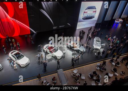 Visitors of the 66th IAA Cars Frankfurt/Main will have a look at the latest Mercedes models at the Mercedes Benz booth on 16.09.2015. [automated translation] Stock Photo