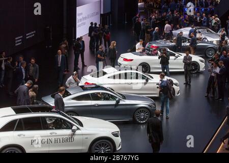 Visitors of the 66th IAA Cars Frankfurt/Main will have a look at the latest Mercedes models at the Mercedes Benz booth on 16.09.2015. [automated translation] Stock Photo