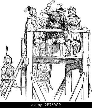 Four men standing on stage and one man giving speech, two men holding ladder, vintage line drawing or engraving illustration Stock Vector