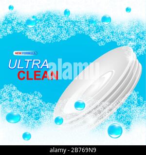 Detergent for dishes. Vector realistic Illustration with dishes in water splash. Stock Vector