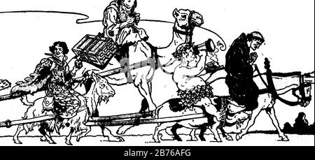 An old man riding on camel, a woman riding on goat, a man with food plate in hand riding on pig, another man riding on horse, vintage line drawing or Stock Vector