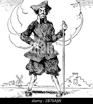 A Man Holding Stick In One Hand And Hat In Another Hand, Vintage Line 