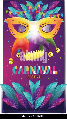 carnival party invite with gold mask and abstract leaves Stock Vector