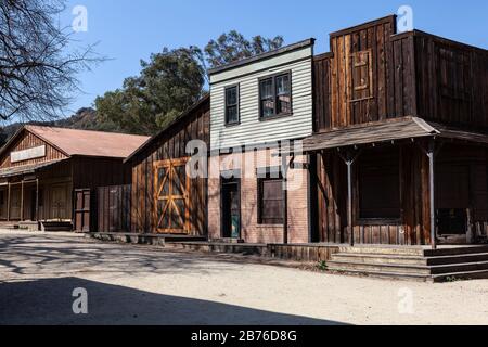 US National Park owned historic buildings at the Santa Monica Mountains Recreation Area Paramount Ranch site near Los Angeles California. Stock Photo