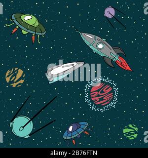 cartoon color spaceships, satellite, space station, flying saucer on the background of stars . seamless color vector pattern. Stock Vector