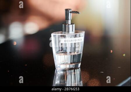 Berlin, Germany. 13th Mar, 2020. There is a disinfectant spray on the counter in the television tower. Credit: Annette Riedl/dpa-Zentralbild/ZB/dpa/Alamy Live News Stock Photo