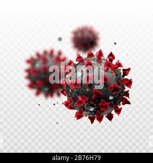 COVID-19 Chinese coronavirus under the microscope on a transparent background. Realistic vector 3d illustration. Pandemic, disease. Floating China Stock Vector