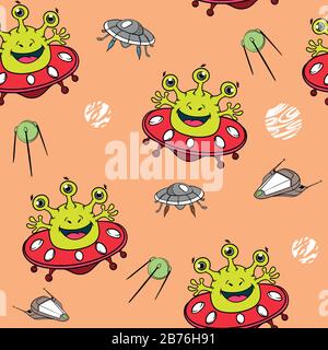 cute funny little three- eyed green alien in space in a flying saucer, surrounded by UFOs, spaceships and satellites . seamless color vector pattern. Stock Vector