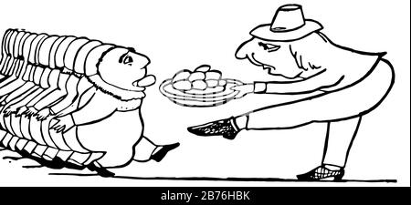 Edward Lear's Rhymes, this scene shows a man with hat feeding buns to boy standing next to him, man holding plate in hand, vintage line drawing or eng Stock Vector