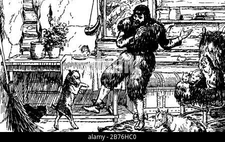 The Adventures of Alexander Selkirk, this scene shows a man teaching something to dog, it also shows two cats and one animal, books and small plants i Stock Vector