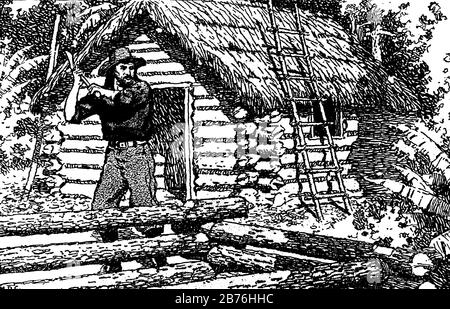 The Adventures of Alexander Selkirk, this scene shows a man cutting wood with axe, and a ladder and one house in background, vintage line drawing or e Stock Vector