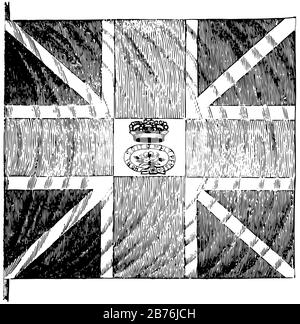 British flag,  this flag has dark cross with vertical lines superimposed on saltire, in the center it has crown and a garter with inscription HONI SOI Stock Vector