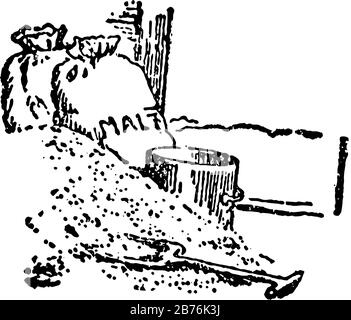 House that Jack Built, this scene shows two gunny-bags and sand on ground, one bucket, and shovel in sand, vintage line drawing or engraving illustrat Stock Vector