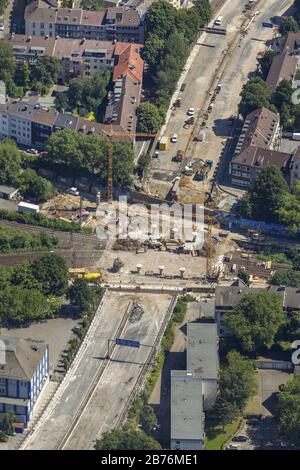 , construction site and demolition of the bridge Stadtwaldbruecke over big motorway A40 in Essen, 23.07.2012, aerial view, Germany, North Rhine-Westphalia, Ruhr Area, Essen Stock Photo