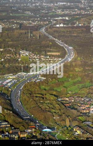 , traffic jam on motorway A2 in in Gelsenkirchen with way service Resser Mark, 20.03.2014, aerial view, Germany, North Rhine-Westphalia, Ruhr Area, Gelsenkirchen Stock Photo