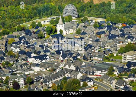 , city centre of Winterberg with church St Jakobus Oversum Vital Resort, 21.07.2012, aerial view, Germany, North Rhine-Westphalia, Sauerland, Winterberg Stock Photo