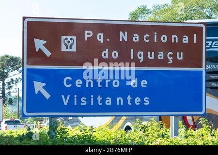 Road sign showing directions to the National Park of Iguaçu and visitors center in Brazil. Popular touristic destination in South American. Stock Photo