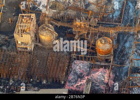 burned-out storage hall on the site of the fertilizer producer COMPO in the Rhine harbor in Krefeld, 10.10.2012, aerial view, Germany, North Rhine-Westphalia, Krefeld Stock Photo