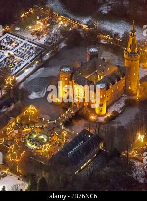 , water castle Moyland with christmas market, 13.12.2012, aerial view, Germany, North Rhine-Westphalia, Lower Rhine, Bedburg-Hau Stock Photo