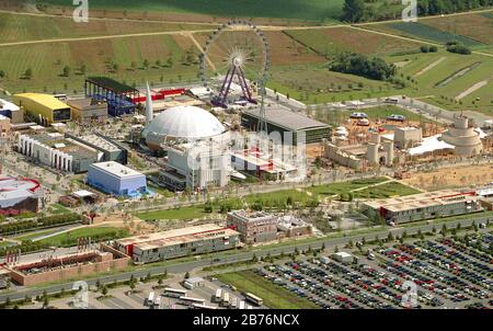 Pavilion on the exhibition grounds of the World Expo 2000 in the open area at the Kronsberg in Hannover, 23.06.2000, aerial view, Germany, Lower Saxony, Hanover Stock Photo