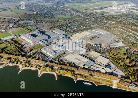 fairgrounds and ESPRIT arena (until June 2009 LTU Arena) in Dusseldorf at river Rhine, 13.10.2012, aerial view, Germany, North Rhine-Westphalia, Lower Rhine, Dusseldorf Stock Photo