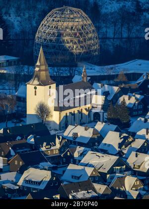 city centre of Winterberg with church St Jakobus Oversum Vital Resort at sunset, 21.07.2012, aerial view, Germany, North Rhine-Westphalia, Winterberg Stock Photo