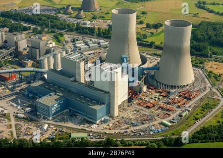 Construction site at the coal power station in the district Hamm-Uentrop with former nuclear power station atomic plant THTR-300, 04.07.2012, aerial view, Germany, North Rhine-Westphalia, Ruhr Area, Hamm Stock Photo