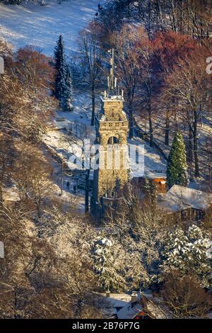 , Bismarck Tower on snow-covered Hordtberg in Langenberg, 28.12.2014, aerial view, Germany, North Rhine-Westphalia, Velbert Stock Photo