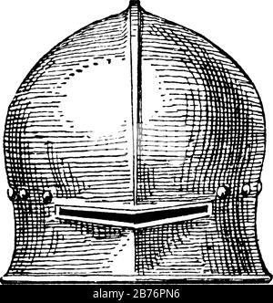 Sallet is a horsemen's helmet viewed from the front, vintage line drawing or engraving illustration. Stock Vector