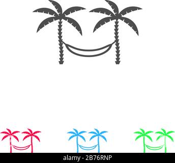Relaxing hammock between two palm trees icon flat. Color pictogram on white background. Vector illustration symbol and bonus icons Stock Vector