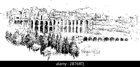 Palatine from the Aventine, the most ancient parts of the city, upon the Circus Maximus on the other, looking down upon it on one side, vintage line d Stock Vector