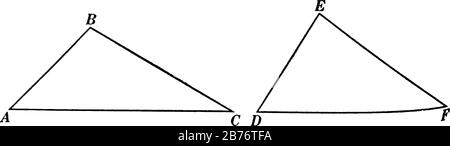 A typical representation of the geometric construction when two triangles have two sides of one equal respectively to two sides of the other, vintage Stock Vector