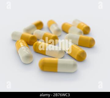 Computer generated image of capsules modelled on sample of methylphenidate, a stimulant drug for treating attention deficit hyperactivity disorder and narcolepsy. Stock Photo