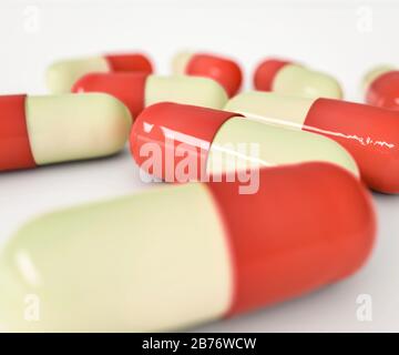 Computer generated image of capsules modelled on sample of amlodipine for treating cardiovascular conditions. Stock Photo