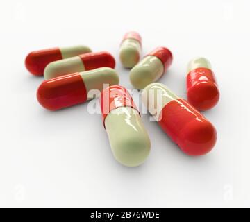 Computer generated image of capsules modelled on sample of amlodipine for treating cardiovascular conditions. Stock Photo