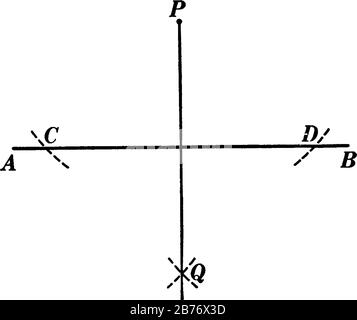 A typical representation of the geometric construction that is used to create a perpendicular to a straight line from a given point not on the line, v Stock Vector