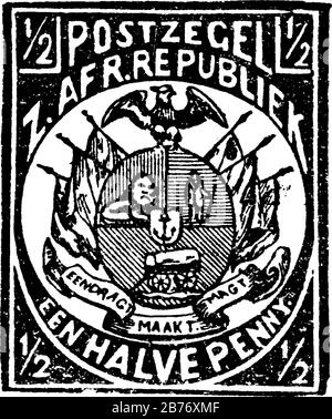South African Republic Stamp (1/2 penny) from 1885, a small adhesive piece of paper stuck to something to show an amount of money paid, vintage line d Stock Vector