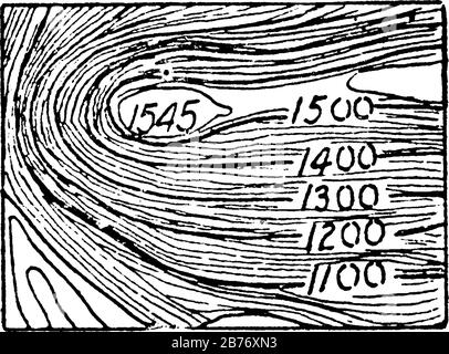 The Cartography showing contour lines joining points of equal height above a given level, for example a topographic map illustrating valleys, hills an Stock Vector