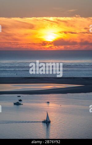 setting sun on the pillat dune in the Arcachon basin, France Stock Photo