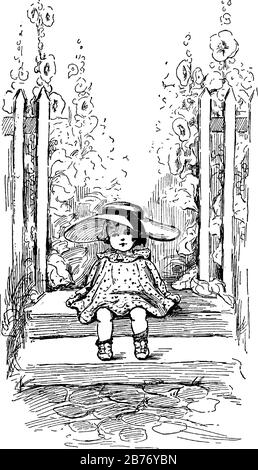 The picture depicts a small girl wearing a big hat, sitting on the steps, and admiring the scenic view in front of her, vintage line drawing or engrav Stock Vector