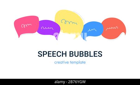 Speech bubbles set for social media as chat conversation. Bright vector illustration of five speech bubbles with handdrawn lines and copyspace isolate Stock Vector