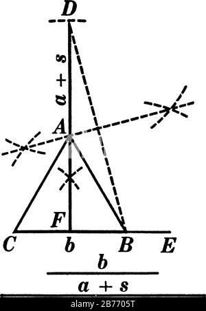 A typical representation of the geometric construction that is used to create an isosceles triangle, given the bases and the sum of the altitude and a Stock Vector