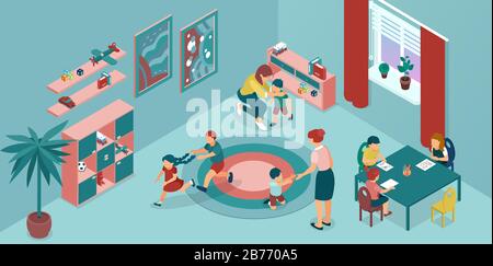 Vector of a day care center, kindergarten with teachers and children playing and painting Stock Vector