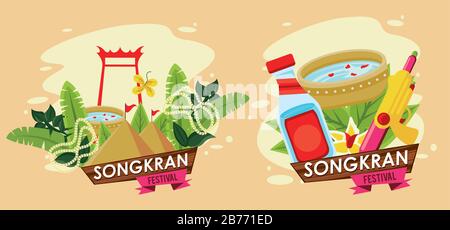 songkran celebration party scenes icons Stock Vector