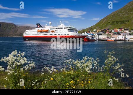 Hurtigruten Ferry, Honningsvag Port, Mageroya Island, Finnmark Region, Arctic Ocean, Norway, Scandinavia Stock Photo
