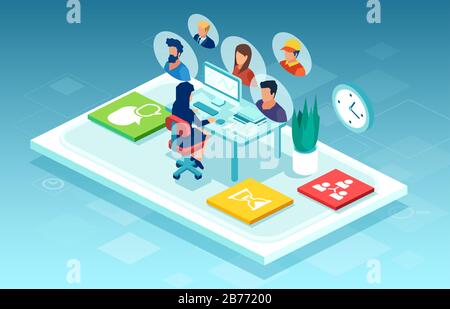 Vector of a businesswoman sitting at desk working on computer chatting online with team members Stock Vector