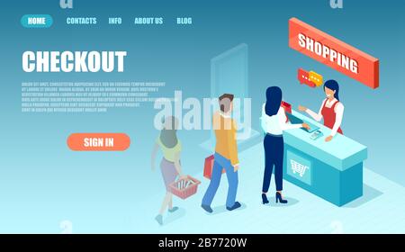 Vector of people staying in a supermarket line waiting at checkout to pay for goods Stock Vector
