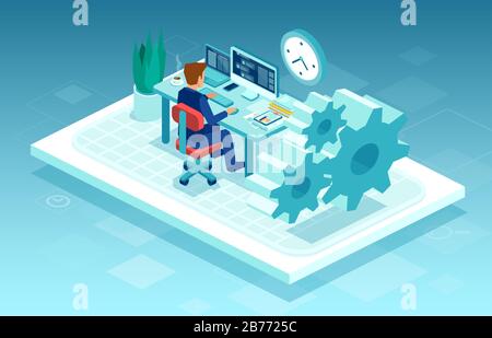 Vector of a man working on pc at his work desk, freelancing from home Stock Vector