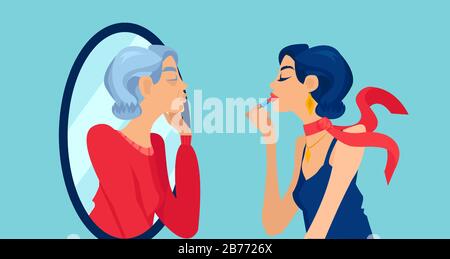 Vector of a beautiful young woman looking in the mirror with an aging reflection of herself looking at her Stock Vector